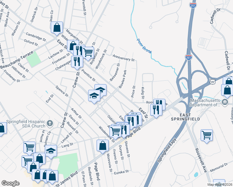 map of restaurants, bars, coffee shops, grocery stores, and more near 127 Bowles Park in Springfield