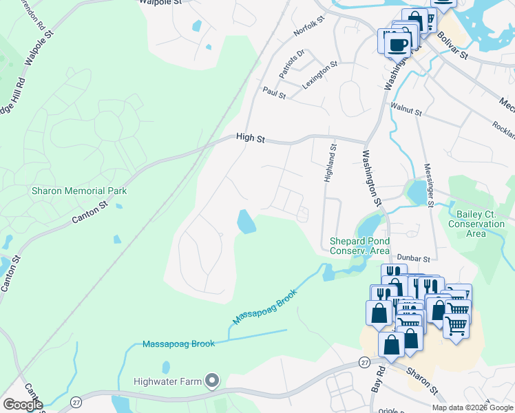 map of restaurants, bars, coffee shops, grocery stores, and more near 12 Kathryn Lane in Canton