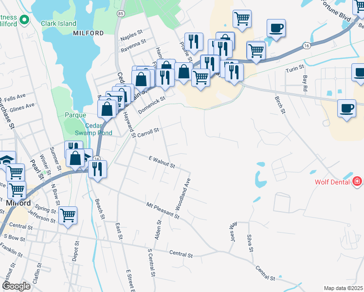 map of restaurants, bars, coffee shops, grocery stores, and more near 28 Lena Lane in Milford