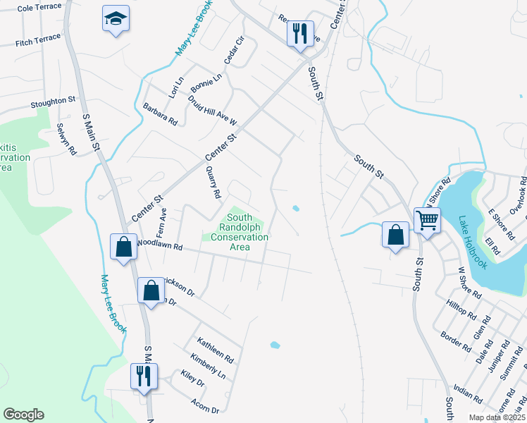 map of restaurants, bars, coffee shops, grocery stores, and more near 65 Druid Hill Avenue East in Randolph