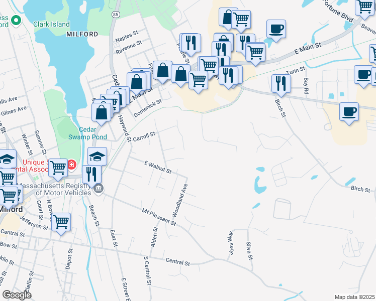 map of restaurants, bars, coffee shops, grocery stores, and more near 23 Lena Lane in Milford