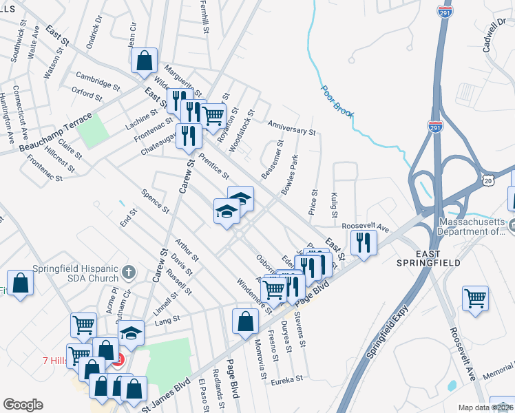 map of restaurants, bars, coffee shops, grocery stores, and more near 176 Prentice Street in Springfield