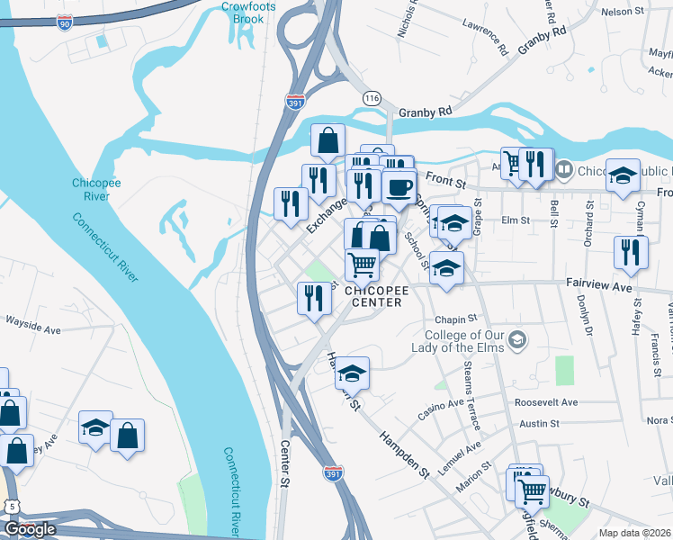 map of restaurants, bars, coffee shops, grocery stores, and more near 53 Chestnut Street in Chicopee