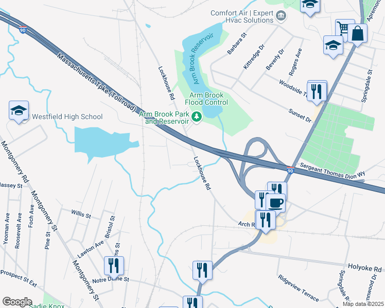 map of restaurants, bars, coffee shops, grocery stores, and more near 110 Lockhouse Road in Westfield