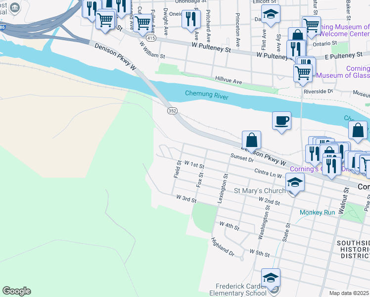 map of restaurants, bars, coffee shops, grocery stores, and more near 39 Mountainbrow Terrace in Corning