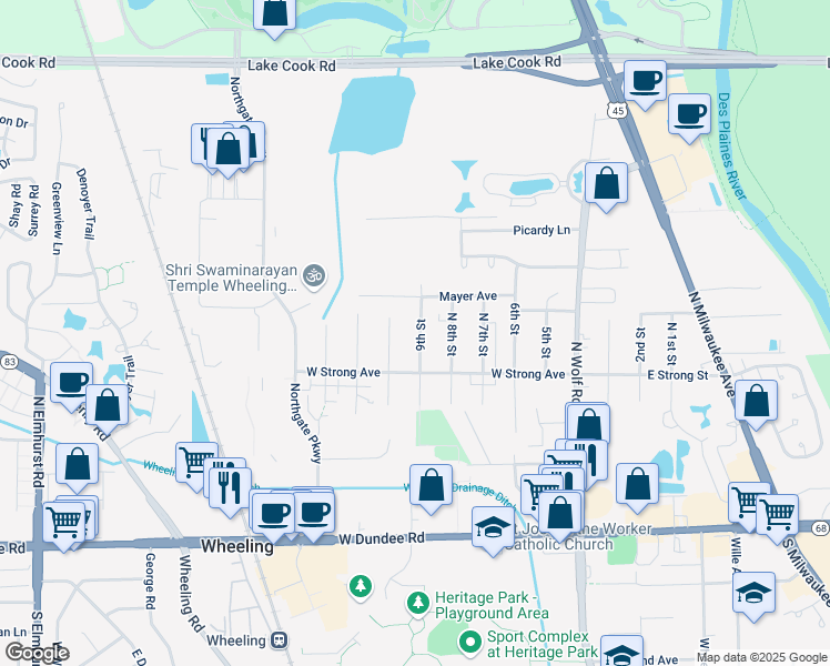 map of restaurants, bars, coffee shops, grocery stores, and more near 325 10th Street in Wheeling