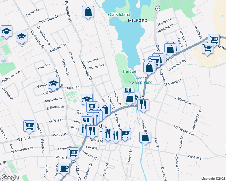 map of restaurants, bars, coffee shops, grocery stores, and more near 38 Sumner Street in Milford