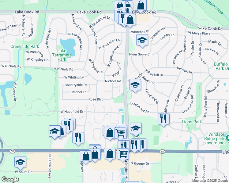 map of restaurants, bars, coffee shops, grocery stores, and more near 1327 Rose Boulevard in Buffalo Grove
