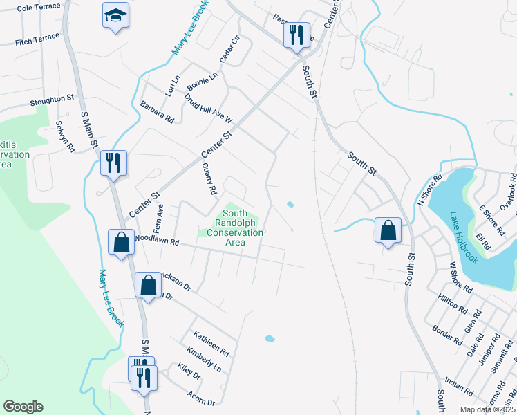 map of restaurants, bars, coffee shops, grocery stores, and more near 65 Druid Hill Avenue East in Randolph