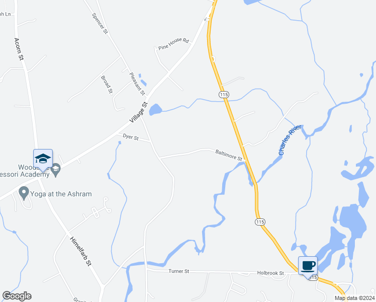 map of restaurants, bars, coffee shops, grocery stores, and more near 16 Baltimore Street in Millis