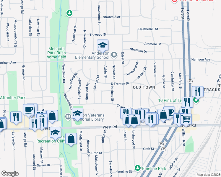 map of restaurants, bars, coffee shops, grocery stores, and more near 2522 Andover Street in Trenton