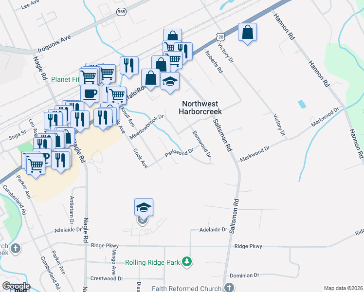 map of restaurants, bars, coffee shops, grocery stores, and more near 2232 Foxwood Dr in Erie