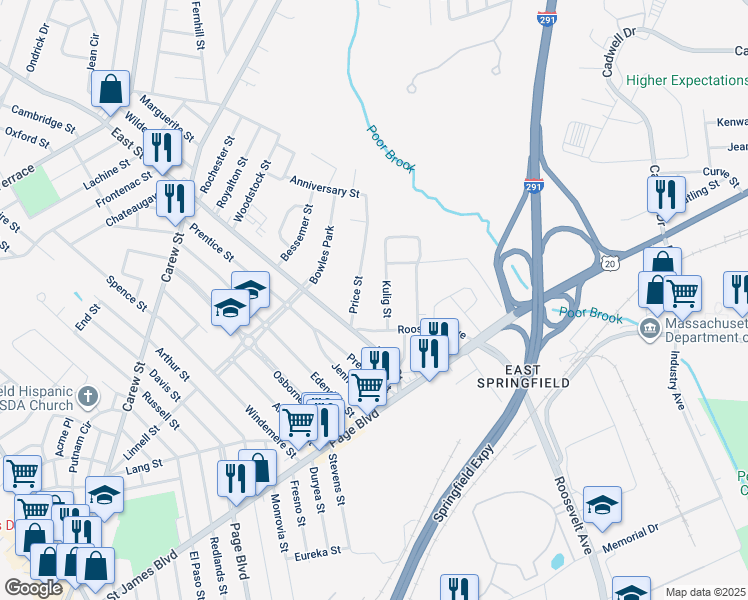 map of restaurants, bars, coffee shops, grocery stores, and more near 36 Kulig Street in Springfield