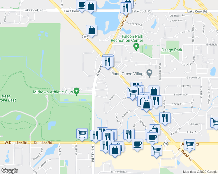 map of restaurants, bars, coffee shops, grocery stores, and more near 2050 North Rand Road in Palatine