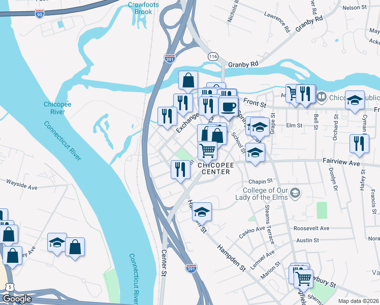 map of restaurants, bars, coffee shops, grocery stores, and more near 53 Chestnut Street in Chicopee