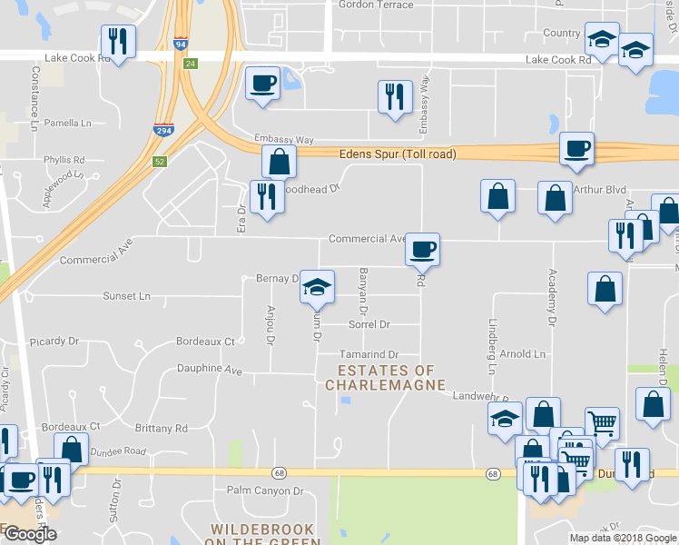 map of restaurants, bars, coffee shops, grocery stores, and more near 3555 Harris Drive in Northbrook