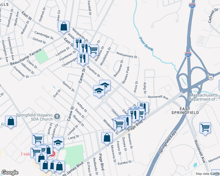 map of restaurants, bars, coffee shops, grocery stores, and more near 176 Prentice Street in Springfield