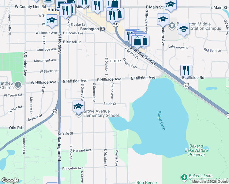 map of restaurants, bars, coffee shops, grocery stores, and more near 730 South Highland Avenue in Barrington