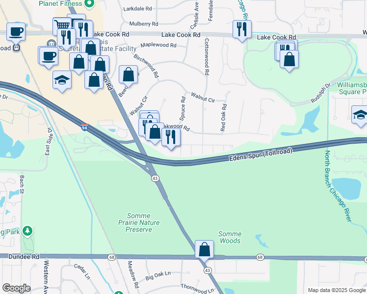 map of restaurants, bars, coffee shops, grocery stores, and more near 1951 Koehling Road in Northbrook