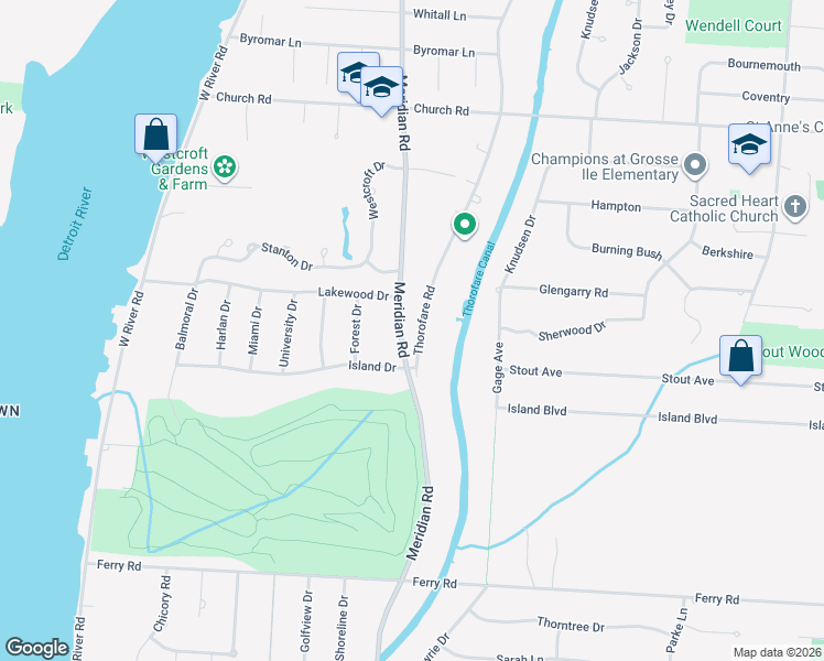 map of restaurants, bars, coffee shops, grocery stores, and more near 22159 Meridian Road in Grosse Ile Township