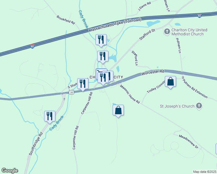 map of restaurants, bars, coffee shops, grocery stores, and more near 34 Worcester Road in Charlton