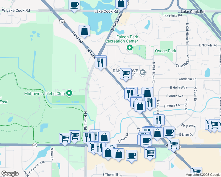 map of restaurants, bars, coffee shops, grocery stores, and more near 2028 North Rand Road in Palatine
