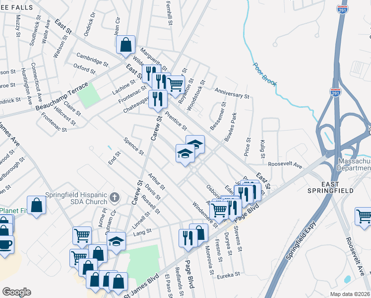 map of restaurants, bars, coffee shops, grocery stores, and more near 208 Edendale Street in Springfield