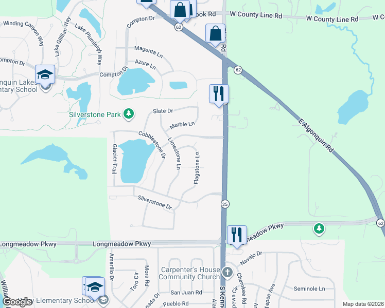 map of restaurants, bars, coffee shops, grocery stores, and more near 2291 Flagstone Lane in Carpentersville