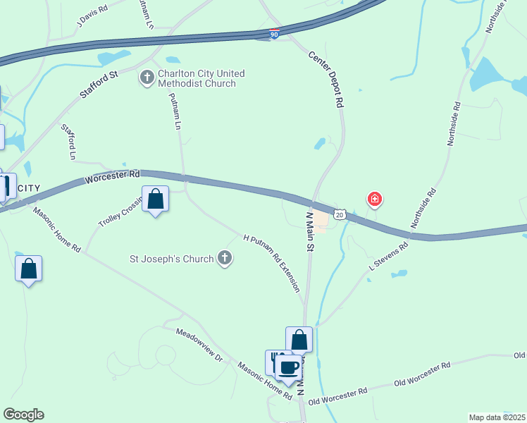 map of restaurants, bars, coffee shops, grocery stores, and more near 8 North Main Street in Charlton