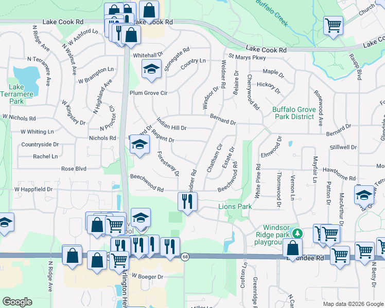 map of restaurants, bars, coffee shops, grocery stores, and more near 2 Longwood Court in Buffalo Grove