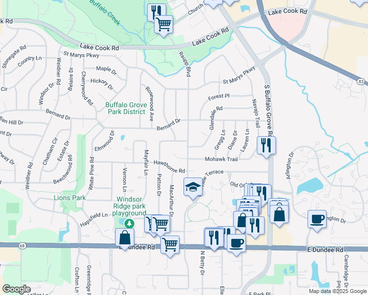 map of restaurants, bars, coffee shops, grocery stores, and more near 476 Raupp Boulevard in Buffalo Grove