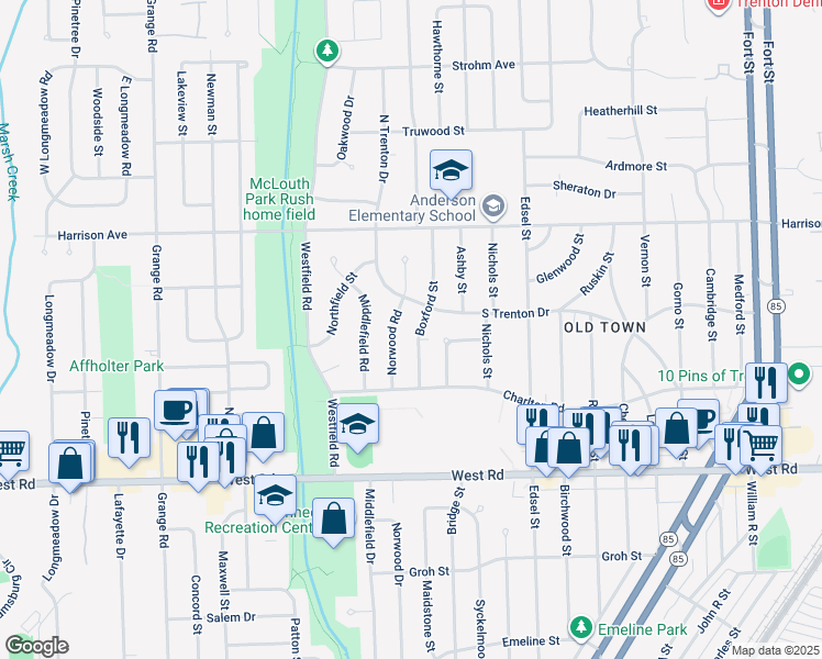 map of restaurants, bars, coffee shops, grocery stores, and more near 2434 Boxford Street in Trenton
