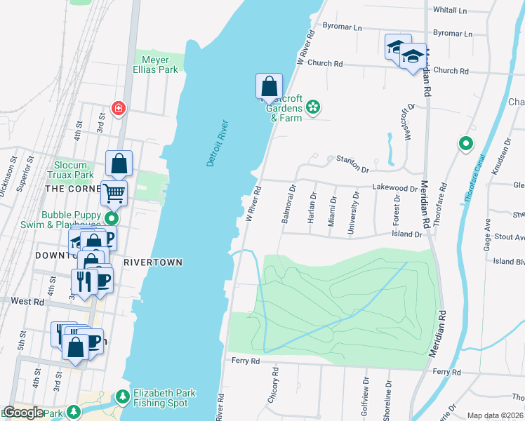 map of restaurants, bars, coffee shops, grocery stores, and more near 22237 West River Road in Wayne County