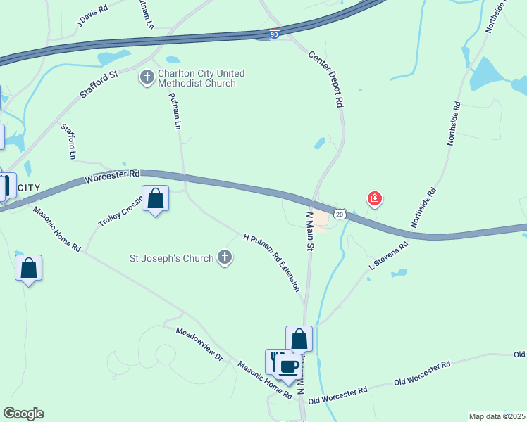 map of restaurants, bars, coffee shops, grocery stores, and more near 8 North Main Street in Charlton
