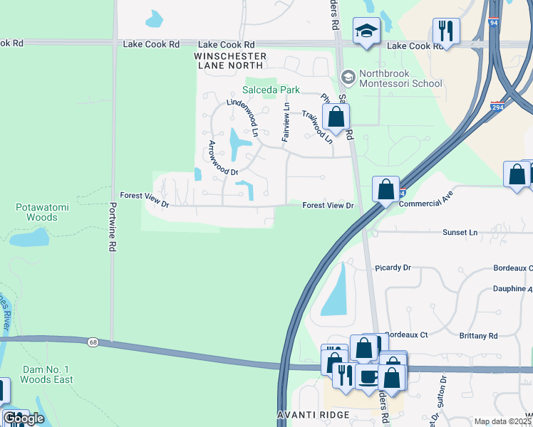 map of restaurants, bars, coffee shops, grocery stores, and more near 4445 Forest View Drive in Northbrook