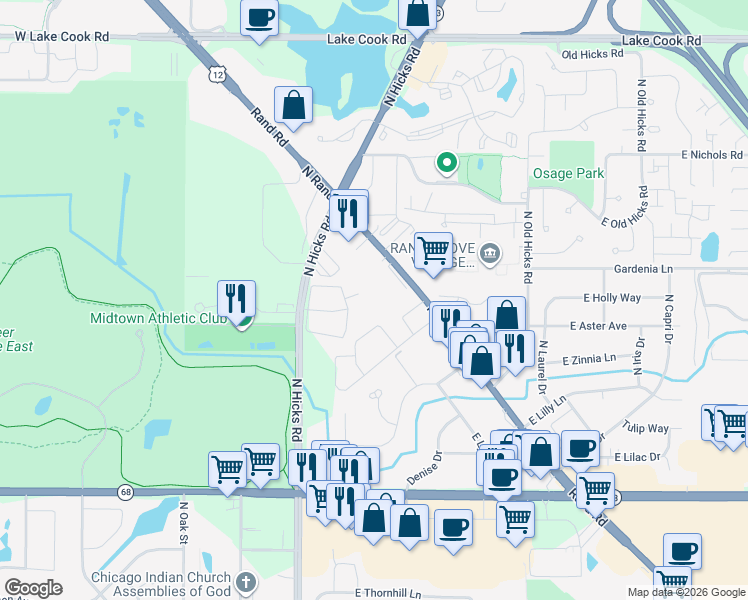 map of restaurants, bars, coffee shops, grocery stores, and more near 2040 North Rand Road in Palatine