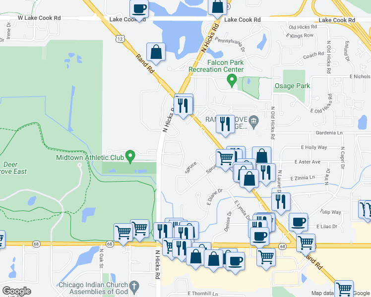 map of restaurants, bars, coffee shops, grocery stores, and more near 2050 North Rand Road in Palatine