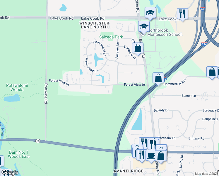 map of restaurants, bars, coffee shops, grocery stores, and more near 4445 Forest View Drive in Northbrook