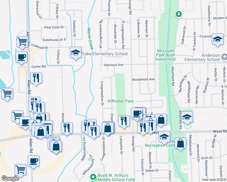 map of restaurants, bars, coffee shops, grocery stores, and more near 2421 Pinetree Drive in Trenton