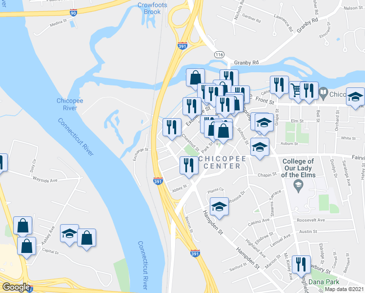 map of restaurants, bars, coffee shops, grocery stores, and more near 25 School Street in Chicopee