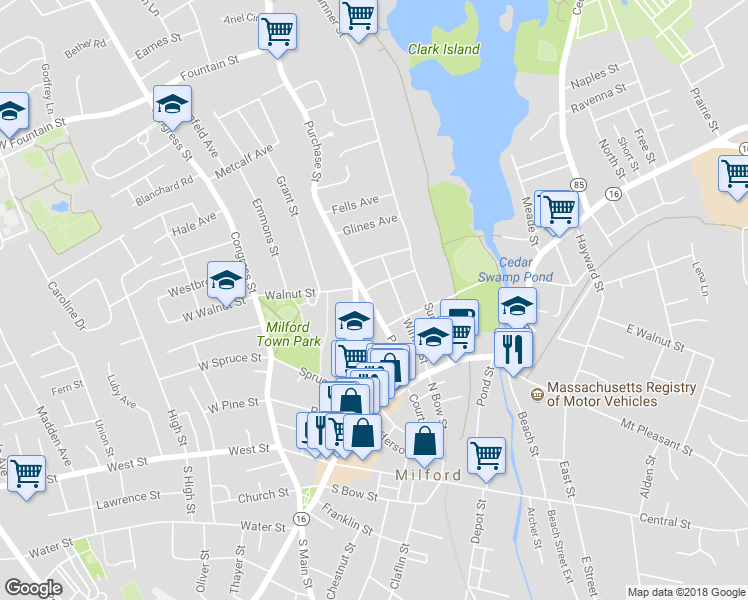 map of restaurants, bars, coffee shops, grocery stores, and more near 51 Pearl Street in Milford