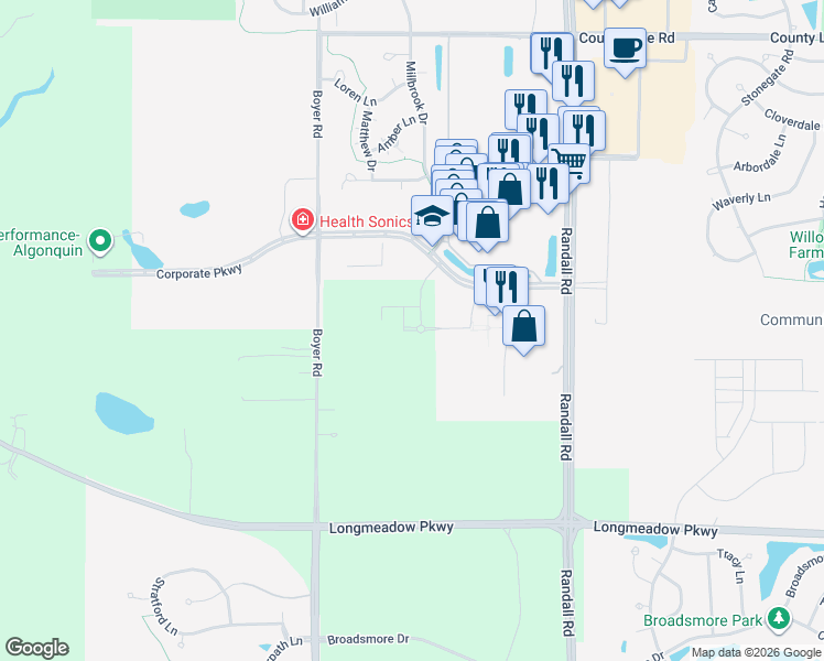 map of restaurants, bars, coffee shops, grocery stores, and more near 2400 Millbrook Drive in Algonquin
