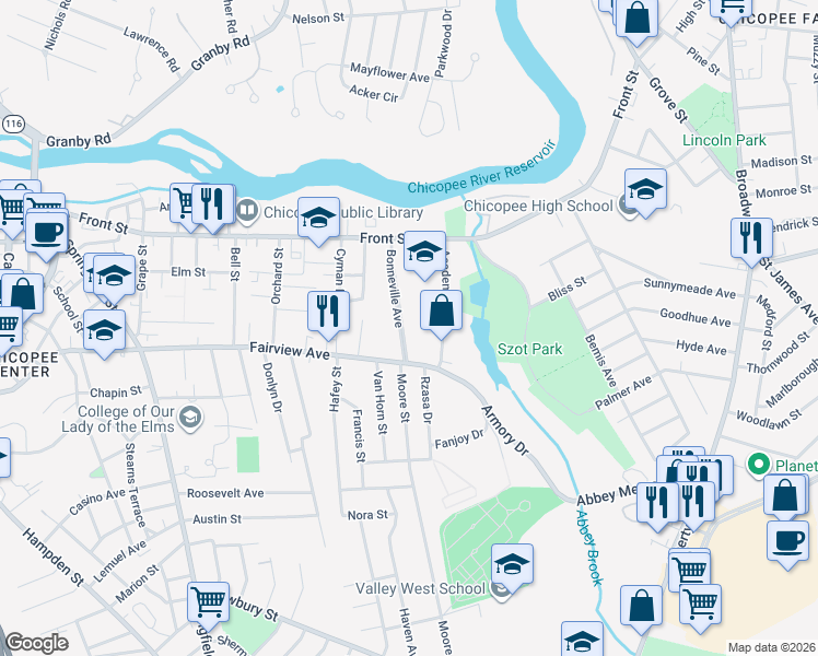 map of restaurants, bars, coffee shops, grocery stores, and more near 95 Bonneville Avenue in Chicopee