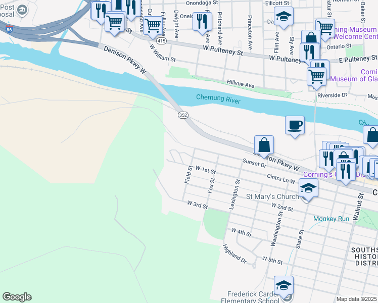 map of restaurants, bars, coffee shops, grocery stores, and more near 39 Mountainbrow Terrace in Corning