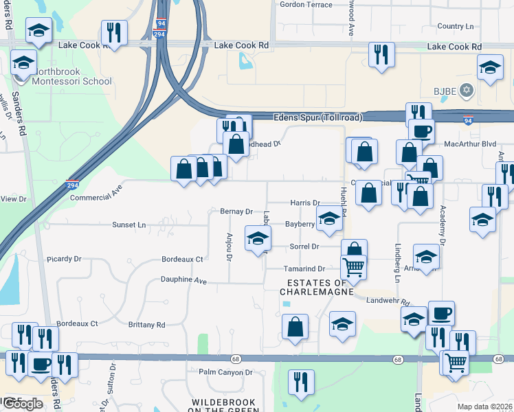 map of restaurants, bars, coffee shops, grocery stores, and more near 3612 Bernay Drive in Northbrook