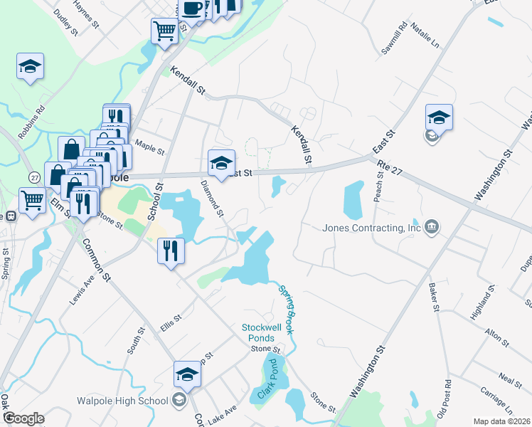 map of restaurants, bars, coffee shops, grocery stores, and more near 20 Eastover Road in Walpole