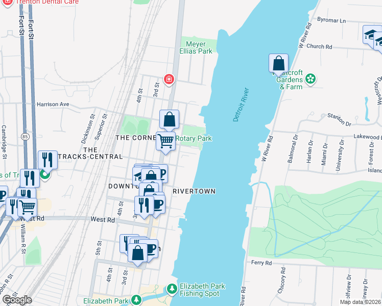 map of restaurants, bars, coffee shops, grocery stores, and more near 2419 Riverside Drive in Trenton
