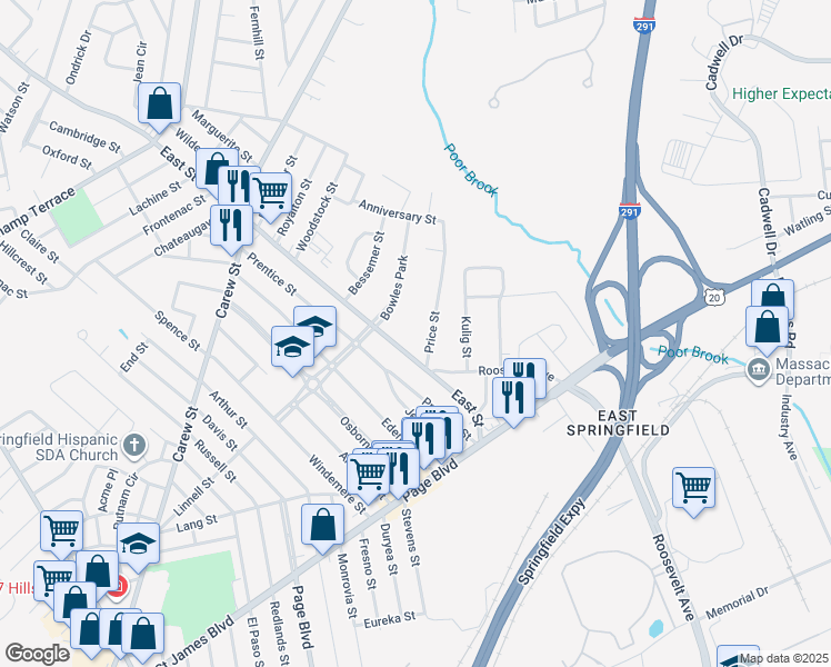 map of restaurants, bars, coffee shops, grocery stores, and more near 84 University Street in Springfield