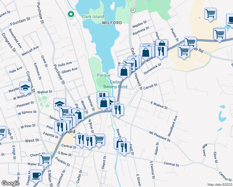 map of restaurants, bars, coffee shops, grocery stores, and more near 50 Main Street in Milford
