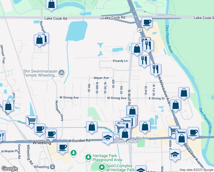 map of restaurants, bars, coffee shops, grocery stores, and more near 301 North 7th Street in Wheeling